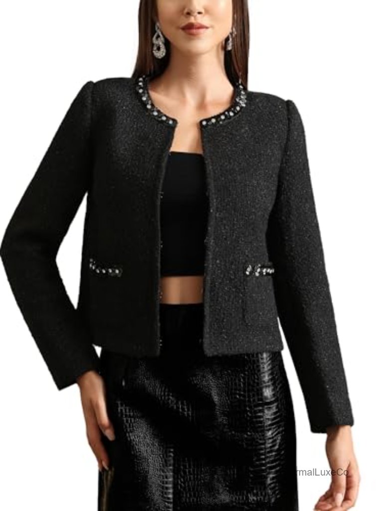 Sequin Tweed Blazer Jacket Party Business Casual Hook Closure